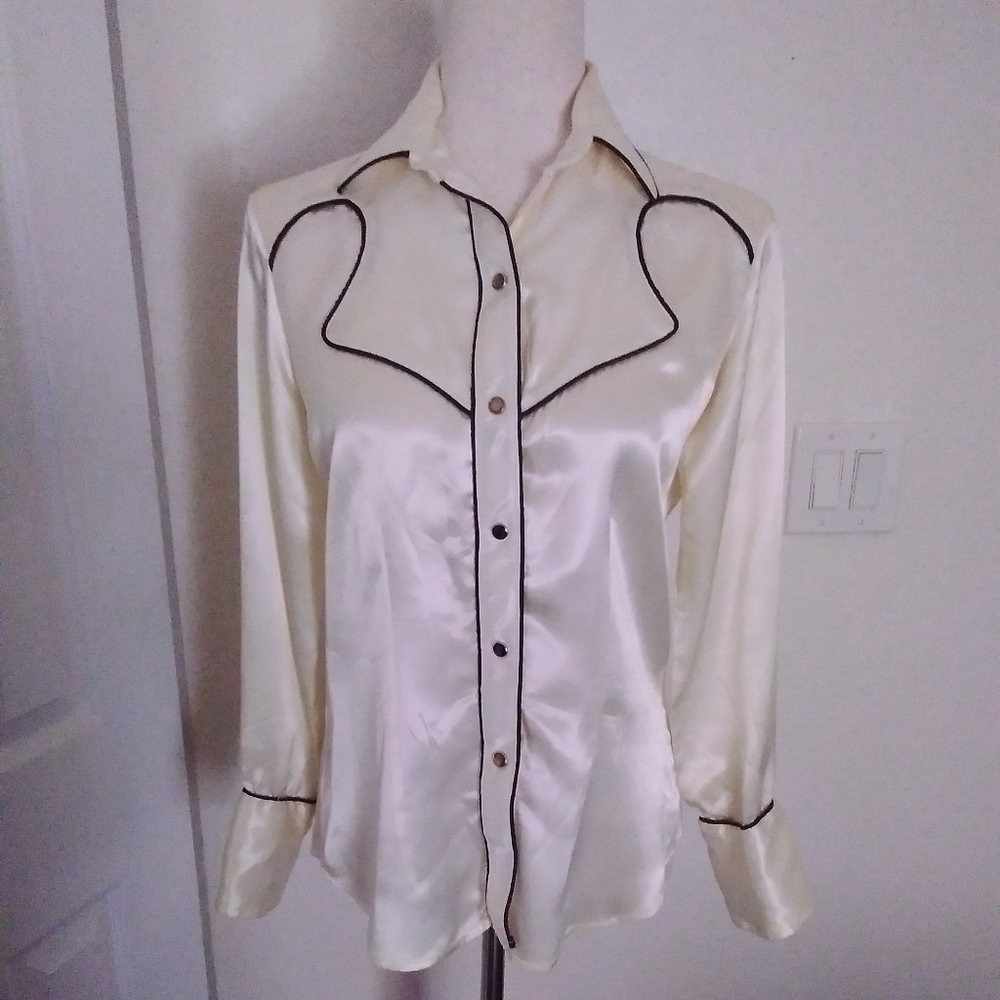 Western Blouse Cream with Brown Trim Acetate Size 14 Vintage